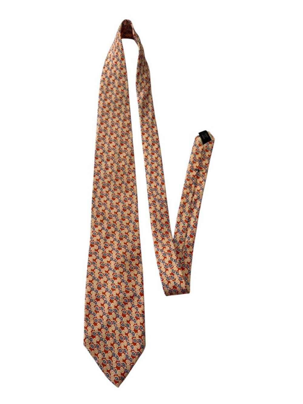 J.Crew 100% Silk Tie Handmade USA Burnt Orange Blue Geometric Print